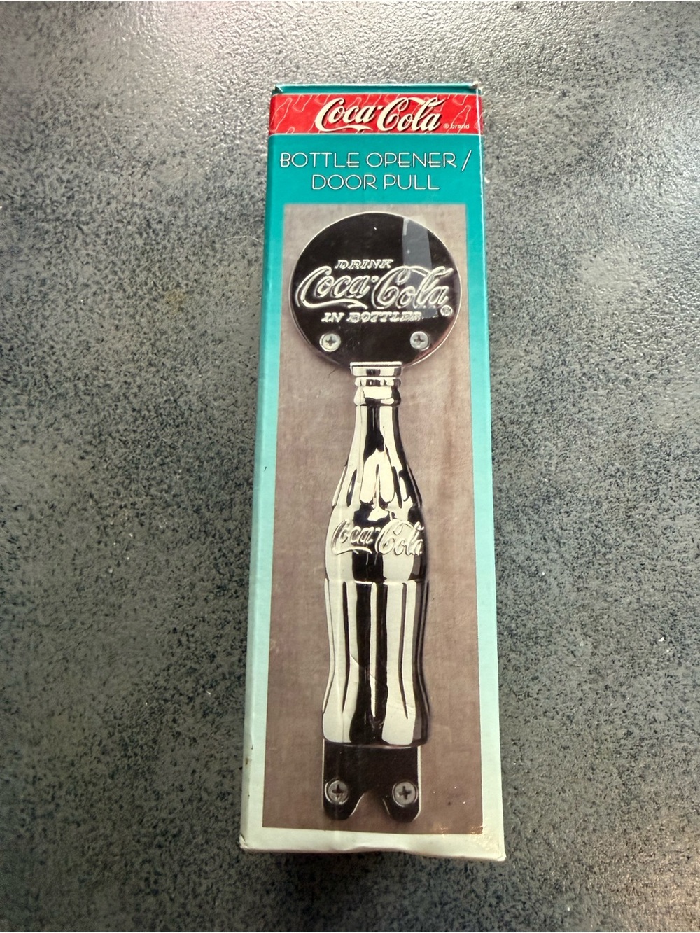 Coca Cola Silver Bottle Opener Door Pull with Red Logo Accent